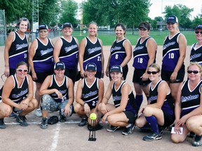 The Mitchell Shooters completed a perfect season by claiming the Huron-Perth Ladies Slo-pitch League ‘A’ championship this past weekend in Keterson Park. The Shooters went 17-0 during the regular season and reeled off five straight wins in the playoff tournament, including a thorough 17-5 rout of Just A Team in the ‘A’ championship game. Team members are (back row, left to right): Pam Schoonderwoerd Smith, Edna Hotson (coach), Kelly Smith, Cara Wicke, Angie Norman, Jen Kipfer, Lindsey Vivian and Jody Skinner. Front row (left): Amanda Wicke, Kerri Havens, Teresa Cronin, Heather Brown, Vicki Smith and Lana Siemon. The Pink Flamingos defeated the Cougars to win the ‘B’ championship. ANDY BADER/MITCHELL ADVOCATE