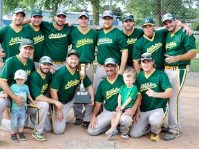 The Athletics won the Mitchell Men’s Slo-pitch League ‘A’ championship Sunday, Aug. 28 with a 13-9 win over the Padres. Team members are (back row, left to right): Brent Feltz, Brady Van Nynatten, Jeff Van Nynatten, Bryan Stacey, Mike Krug, Shayne McClure, Mark Mohr, Nathan Van Herk. Front row (left): Terry Klumper with son Cale, Jason Thibeault, Kevin Baetz, Pete Van Nynatten with grandson Jace and Tyler Tolton. ANDY BADER/MITCHELL ADVOCATE