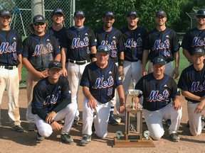 The Mitchell Mets won their first South Perth Men’s Fastball League (SPMFL) championship in 20 years this past weekend, going 4-0 to win the eight-team playoff tournament, including a 10-6 win over regular season champion Kitchener Cubs in the final. Team members include (back row, left to right): Tyler Pauli, Bret Kraemer, Dylan Ward, Scott Lealess, Dave Faulhafer, Ben Hodgins, AJ Moses, Matt McGill and Scott Walls. Front row (left): Andrew Pearn, Bob Ward (coach), Jeff Pauli and Kevin Ward. Absent was Zane Walkom, Jake Walkom, Matt Eidt, Tyler Randerson, Trevor Skinner and Dan Skinner.  SUBMITTED