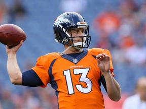 Quarterback Trevor Siemian of the Denver Broncos warms up before a game against the Los Angeles Rams at Sports Authority Field Field at Mile High on August 27, 2016 in Denver, Colorado. (Justin Edmonds/Getty Images)