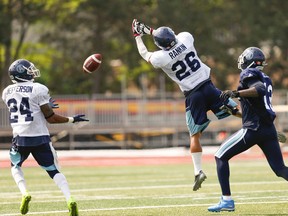 Argonauts defensive back Joe Rankin (26) just misses picking off a pass during practice in Guelph, Ont. on June 2, 2016. (Jack Boland/Toronto Sun)