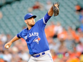 Marco Estrada of the Toronto Blue Jays pitches in the first inning against the Baltimore Orioles at Oriole Park at Camden Yards on Aug. 29, 2016. (Greg Fiume/Getty Images)