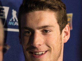 Pierre-Luc Dubois talks with the media at the NHLPA Rookie Showcase in Toronto on Aug. 29, 2016. (Craig Robertson/Toronto Sun/Postmedia Network)