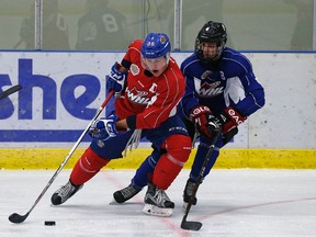 Lane Bauer, left, is checked by Dorian Hall during an Edmonton Oil Kings training camp scrimmage at the Dow Centennial Centre in Fort Saskatchewan on Monday. (Larry Wong)