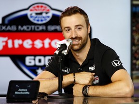 James Hinchcliffe driver of the #5 Arrow Schmidt Peterson Motorsports Honda speaks during a media conference before the Verizon IndyCar Series Firestone 600 at Texas Motor Speedway on August 27, 2016 in Fort Worth, Texas. (Photo by Mike Stone/Getty Images for Texas Motor Speedway)