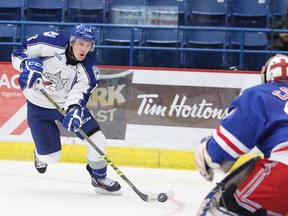 Gino Donato/Sudbury Star file photo
Sudbury Wolves player Michael Pezzetta makes a drive for the net during OHL action against the Kitchener Rangers at the Sudbury Community Arena on Oct. 2.