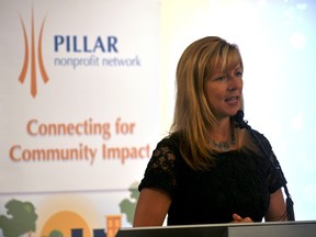 Michelle Baldwin, executive director of Pillar Nonprofit Network, speaks at an event to unveil the 2016 Community Innovation Awards finalists in London Ont. August 30, 2016. CHRIS MONTANINI\LONDONER\POSTMEDIA NETWORK