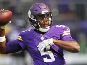 Minnesota Vikings quarterback Teddy Bridgewater (5) warms up before a preseason game against the San Diego Chargers Sunday, Aug. 28, 2016, in Minneapolis. (AP Photo/Andy Clayton-King)