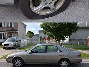 Damage shown to a tire of a vehicle on Uxbridge Cres. on Tuesday after a rash of vandalism occurred overnight in Kingston's Waterloo Village Area. Kingston Police photo