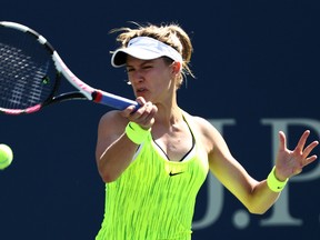 Eugenie Bouchard returns a shot to Katerina Siniakova during her U.S. Open first-round match at the USTA Billie Jean King National Tennis Center on August 30, 2016 in New York.  (Al Bello/Getty Images)