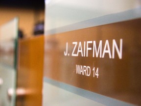 Jared Zaifman's ward 14 seat sits empty, due to Zaifman being away from council in London, Ont. on Tuesday August 30, 2016. (MIKE HENSEN, The London Free Press)