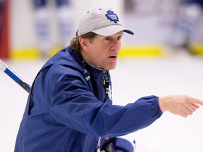 Head coach Mike Babcock leads a Toronto Maple Leafs practice in Edmonton on Feb. 10, 2016. (David Bloom/Postmedia)