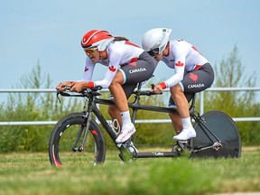 Ottawa’s Robbi Weldon (right), and pilot Audrey Lemieux of Montreal will compete in the women’s cycling B2 class tandem road race and time trial at Paralympics next month in Rio. Rob Jones/canadian paralympic committee