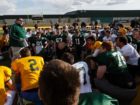 Curtis Martin (left), Bev Facey's head coach, speaks during the first day of Football Alberta's North Selection Camp for the 26th annual Senior Bowl High School Football All-Star Game at Foote Field at the University of Alberta in Edmonton, Alta., on Friday, April 10, 2015.