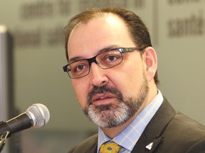 Sudbury MPP Glenn Thibeault makes a point at an infrastructure and research funding announcement for the Centre for Research in Occupational Safety and Health (CROSH) at Laurentian University in Sudbury, Ont. on Friday April 29, 2016. John Lappa/Sudbury Star/Postmedia Network