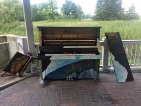 A photo supplied by Pianos in the Park of its vandalized instrument at Walter Baker Park in Kanata.