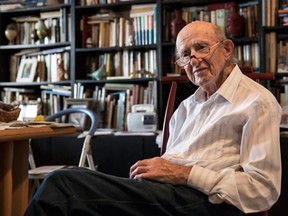 In this photo made on Monday, May 23, 2016, Joseph Harmatz sits during an interview with the Associated Press at his apartment in Tel Aviv, Israel. Harmatz is one of the few remaining Jewish "Avengers" who carried out a mass poisoning of former SS men in an American prisoner-of-war camp in 1946 after World War II. The poisoning sickened more than 2,200 Germans but ultimately caused no known deaths.(AP Photo /Tsafrir Abayov)