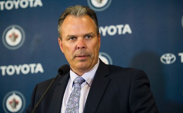 Winnipeg Jets general manager Kevin Cheveldayoff speaks to the media during a press conference in Winnipeg on Wednesday, August 31, 2016. THE CANADIAN PRESS/David Lipnowski