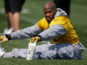 Pittsburgh Steelers linebacker James Harrison stretches during a practice at the team’s training camp in Latrobe, Pa., Friday, July 29, 2016. (AP Photo/Gene J. Puskar)