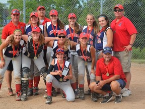 Napanee Express players and coaches celebrate after winning the gold-medal game at the Eastern Canadian bantam girls softball championship in Moncton on Sunday. (Supplied photo)
