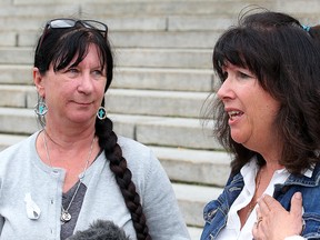 Arlene Last-Kolb (l) and Christine Dobbs, who both lost sons to overdoses, speak with the media during a presentation in Winnipeg, Man. Wednesday August 31, 2016.