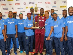 West Indies team with the winning Paytm trophy at the end of the 2nd and final T20i between West Indies and India at Central Broward Stadium in Fort Lauderdale.
