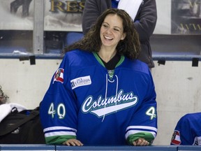 Shannon Szabados #40 of the Columbus Cottonmouths watches the action from the bench at Columbus Civic Center on March 13, 2014 in Columbus, Georgia. The Pensacola Ice Flyers defeated the Columbus Cottonmouths 5-0.