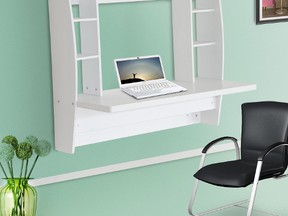 A floating storage shelf desk from eBay.ca allows you to have a home office in even the smallest of spaces.
