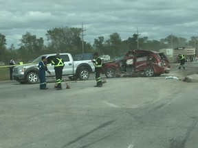 Two people were killed in a crash at the corner of the Perimeter Highway and Pipeline Road on Wednesday. (PHOTO COURTESY BRIAN KOLTALO)