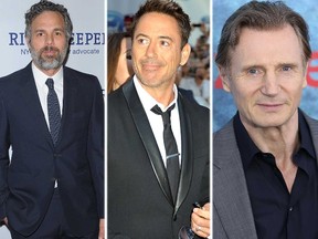 (L-R): Mark Ruffalo, Robert Downey Jr., and Liam Neeson. (WENN.COM file photos)