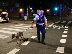 A Danish police officer and a police dog are on patrol near Christiania in Copenhagen late night Wednesday, Aug. 31, 2016. Police say they have shot and critically wounded an armed Danish man following an earlier Copenhagen shootout that left two officers and a bystander wounded. (Jens Dresling/POLFOTO via AP)