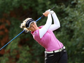 Brooke Henderson hits her tee shot on the 18th hole during the first round of the Manulife LPGA Classic Thursday at Whistle Bear Golf Club in Cambridge. (Vaughn Ridley/Getty Images)
