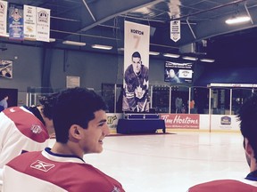 Tim Horton's banner from the ACC was raised to the rafters in Cochrane, Ont. (Lance Hornby/Toronto Sun)