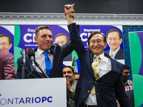 Ontario PC Leader Patrick Brown (left) congratulates Raymond Cho for winning the Scarborough-Rouge River byelection at his campaign headquarters in Toronto Thursday September 1, 2016. (Ernest Doroszuk/Toronto Sun)