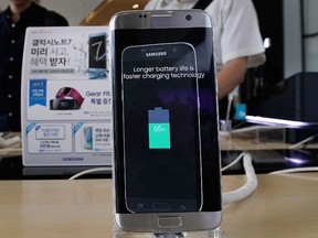 A Samsung Electronics Galaxy Note 7 smartphone is displayed at the headquarters of South Korean mobile carrier KT in Seoul, South Korea, Friday, Sept. 2, 2016. (AP Photo/Ahn Young-joon)