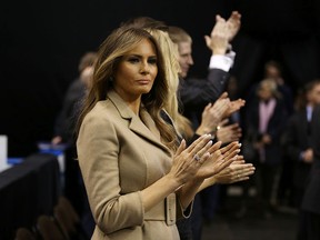 Melania Trump waits for her husband, Republican presidential candidate Donald Trump, at a campaign rally at Verizon Wireless Arena in Manchester, N.H., on Feb. 8, 2016. (Joe Raedle/Getty Images)