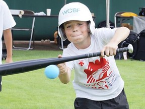 PJ Marshall, of Mitchell, practices bunting during the recent World Children’s Baseball Fair (WCBF) in Toyama, Japan. SUBMITTED
