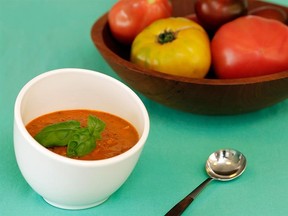 Grilled Tomato Gazpacho with Watermelon and Mint. The watermelon adds a touch of sweetness and the mint perks everything up.