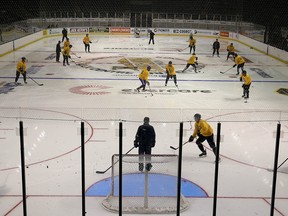 Members of the gold team are put through their paces during the second day of the Kingston Frontenacs training camp at the Rogers K-Rock Centre on Tuesday August 30 2016. Ian MacAlpine /The Whig-Standard/Postmedia Network