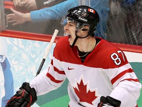 Canada's Sidney Crosby celebrates scoring the winning goal during overtime in the men's Olympic hockey gold medal game against the U.S. in Vancouver on Feb. 28, 2010. (Andre Forget/Postmedia Network/Files)