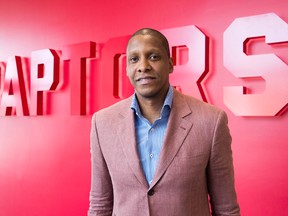 Toronto Raptors president/GM Masai Ujiri poses for a photo after holding a media availability in Toronto on Wednesday April 13, 2016. (THE CANADIAN PRESS/Frank Gunn)