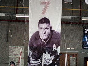 Tim Horton’s No. 7 banner from the Toronto Maple Leafs watches over play between the NOJHL’s Cochrane Crunch and the OJHL’s Kingston Voyageurs during the Polar Bear Cup Jr. ‘A’ showcase tournament at the Tim Horton Event Centre on Thursday night.