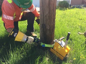Supplied photo
Greater Sudbury Hydro utility has hired a contractor, G-Tel from Oakville, Ont., which uses the Polux system to measure shell thickness, an indicator of pole strength.