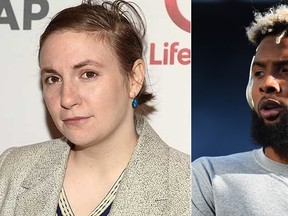 Lena Dunham took to Twitter to clarify comments she made about football player  Odell Beckham Jr. at the Met Gala. (WENN.com & Rich Barnes/Getty Images)