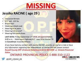 The OPP is asking for public assistance in locating Jessika Racine, 29, who was last seen Friday morning near Casselman and who might be headed to Ottawa.