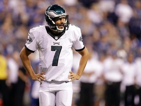In this Saturday, Aug. 27, 2016, file photo, Philadelphia Eagles quarterback Sam Bradford watches during the second half of an NFL preseason football game against the Indianapolis Colts in Indianapolis. The Eagles traded Bradford Saturday, Sept. 3, 2016, to the Minnesota Vikings for a pair of draft picks. Bradford replaces Teddy Bridgewater, who went down for the season after suffering a gruesome knee injury this week. The Eagles receive a first-round pick in 2017 and a fourth-round pick in 2018. (AP Photo/Darron Cummings, File)