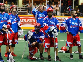 Peterborough Century 21 Lakers' react to their season ending 10-7 loss to Six Nations Chiefs during third period Major Series Lacrosse Final Game 7 action on Saturday September 3, 2016 at the Memorial Centre in Peterborough, Ont. The Chiefs advance to the Mann Cup.Clifford Skarstedt/Peterborough Examiner/Postmedia Network