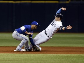 Blue Jays second baseman Devon Travis catches Corey Dickerson of the Tampa Bay Rays attempting to steal September 3, 2016 at Tropicana Field in St. Petersburg. (Brian Blanco/Getty Images)