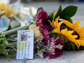 Flowers lay at the spot where Nusrat Jahan was killed by a truck Thursday.