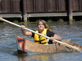 Aubrey Wood, 10, races in a preliminary heat Saturday at the Build-A-Boat By The Bay Race in Port Rowan. Wood has won three consecutive first overalls. (CHRIS ABBOTT/TILLSONBURG NEWS)